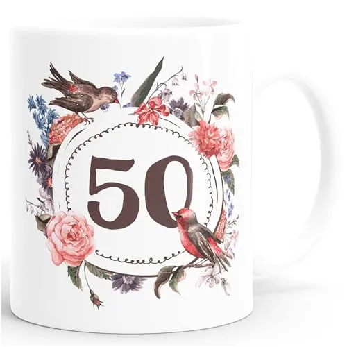 MoonWorks Geburtstags-Tasse 50 fünfzig Geschenk-Tasse Kaffee-Tasse Blumen Blüten Blumenkranz weiß Unisize