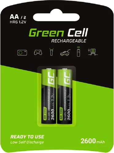 Green Cell 2600mAh 1.2V 2 Stck Vorgeladene NI-MH AA-Akkus - Akkubatterien AA/Mignon, sofort einsatzbereit, Starke Leistung, geringe Selbstentladung, wiederaufladbare Akku Batterie, ohne Memory-Effekt