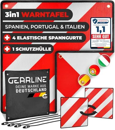 GEARLINE® 3-in-1 Warntafel für Italien, Spanien & Portugal [inkl. 4 Spanngurte & Schutzhülle]