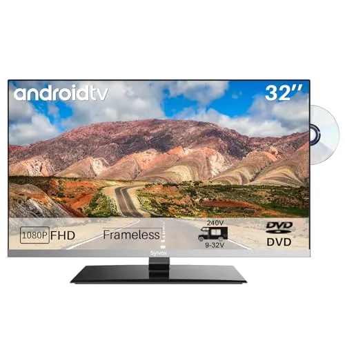SYLVOX 32 Zoll Smart TV für Wohnmobile, Buit in DVD Player, Android TV Sat Satellite Decoder, 12 Volt für Campervan Truck 1080P FHD, Support WiFi Bluetooth, 2 HDMI & 2 USB, Frameless Design