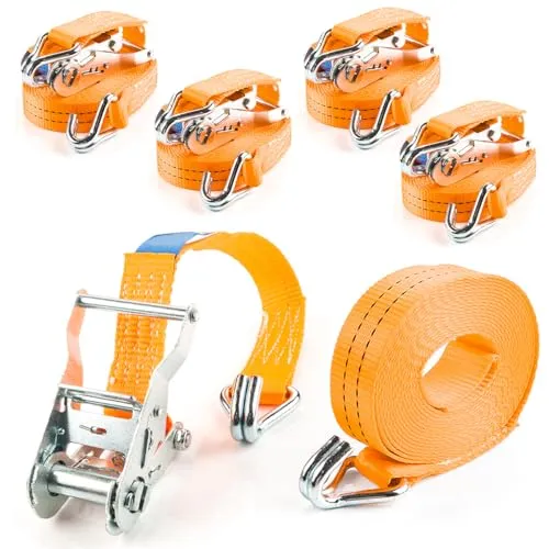 Spanngurte mit Ratsche und J Haken TÜV GS geprüft - 4 Stück 2000kg 6m 35mm - 2-Teilig - Robuste Qualität für Anhänger, Lkw, PKW, mehr - Verzinkt DIN EN 12195-2