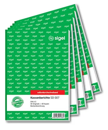 SIGEL SD007/5 Kassenbericht A5 - 5er Pack - Kassenbericht / Bestandsrechnung A5, selbstdurchschreibend und mikroperforiert für leichtes Abtrennen, ideal für präzise Tagesabschlüsse. Hergestellt aus FSC-zertifiziertem Papier.