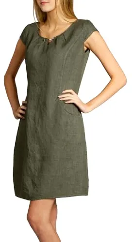 Caspar SKL020 knielanges Damen Sommer Leinenkleid mit eleganter Metallspange bis Größe 50, Farbe:Oliv grün, Größe:L - DE40 UK12 IT44 ES42 US10