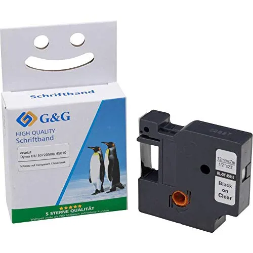 G&G Schriftband Kompatibel 45010 für Dymo D1 45010 S0720500 Etikettenband 12mm x 7m für Dymo LabelManager 160 210D 360D 280 420P 500TS PnP Dymo Labelpoint 250 150 100 200 Schwarz auf Transparent