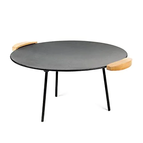 Wiltec Dutch Oven Grillplatte mit Holzgriffen rund Ø44cm Gusseisen, Grillaufsatz mit 2 Sets Beine 20cm+32cm