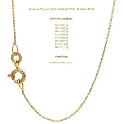 HOPLO Goldkette Ankerkette rund 333 - 8 Karat Gold 0,8 mm - 38 cm - Ketten aus 333er Gelbgold, hochglanzpoliert und ideal für Kinder. Diese massive Ankerkette bietet stilvollen Schmuck in perfekter Größe von 38 cm.