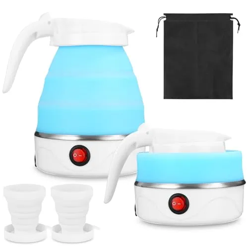 SinLaw Wasserkocher Faltbar,600ml Faltbarer Silikon-Camping-Wasserkessel Mini Tragbarer Reisewasserkocher mit 2 Faltbecher, Edelstahlboden Wasserkessel Für Küche, Reise,Camping,Outdoor