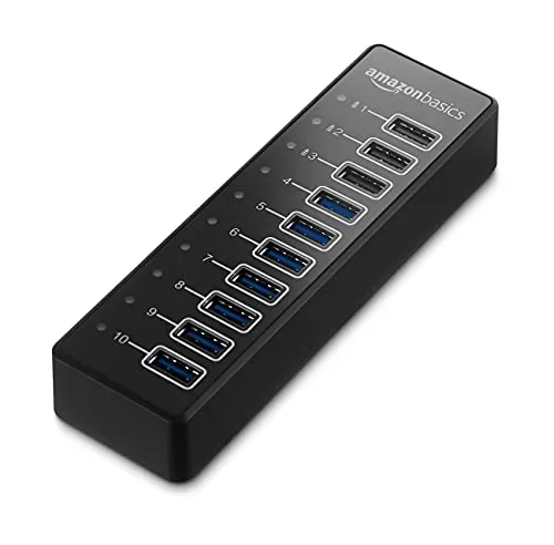 Amazon Basics USB-Hub, USB-A 3.1 Hub mit 10 Anschlüssen und Netzadapter - 65 W (20 V/3,25 A), Schwarz