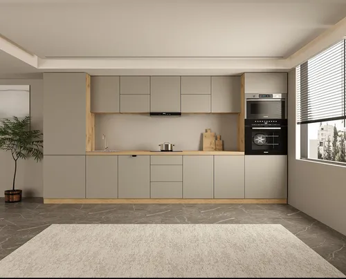 Küchenzeile Kl12-M420 in Beige, 420 cm - Moderne Küchenzeile in stilvollem Beige, ideal für effiziente Organisation. Mit Unter- und Hängeschränken sowie praktischen Hochschränken bietet sie viel Stauraum und individuelle Gestaltungsmöglichkeiten.