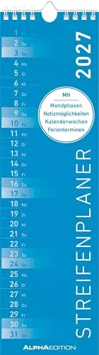 Streifenplaner Mini BLAU 2027: schmaler Wandkalender 9,5x33 cm mit farblich markierten Wochenenden, Feiertagen & Mondphasen, ideal für Haushalt, Familie & Büro