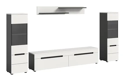 xonox Wohnzimmer Canu 4-tlg. Wohnkombination - TV-Möbel & Schrankwände – Moderne Wohnwand mit 8 Regalfächern und 4 Türen, ideal für stilvolle Wohnzimmergestaltung. Maße: 272x141x33 cm, in elegantem Weiß mit mattem Finish.