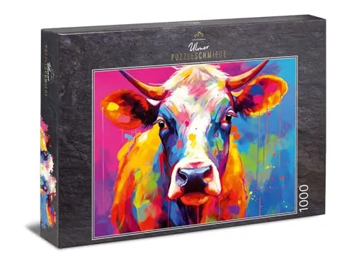 Ulmer Puzzleschmiede - 1000 Teile Kühe-Puzzle Buntes MUH - Farbenfrohes Kuh-Portrait vor abstraktem Hintergrund - Tiere-Puzzle mit Qualität Made in Germany