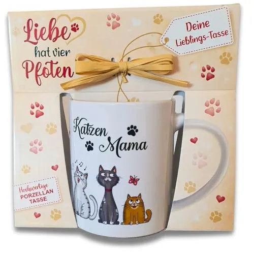 Katzentasse aus hochwertiger Keramik – Katzenmama, bunt - 350ml Tasse mit süßen Katzenmotiven, Geschenkverpackung mit Bastschleife, perfekt für Katzenliebhaber, Kaffeetasse (13x10x8cm)