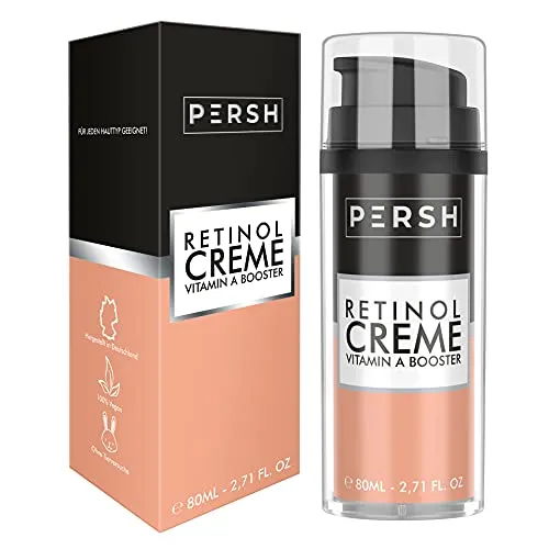 PERSH Retinol Creme 80ml - 4% Vitamin A - Nachtpflege mit hochwirksamer Anti-Aging Formel: Reduziert Falten und fördert die Zellerneuerung für ein jugendliches Hautbild. Vegan, tierversuchsfrei und mit hautgesunden Inhaltsstoffen.