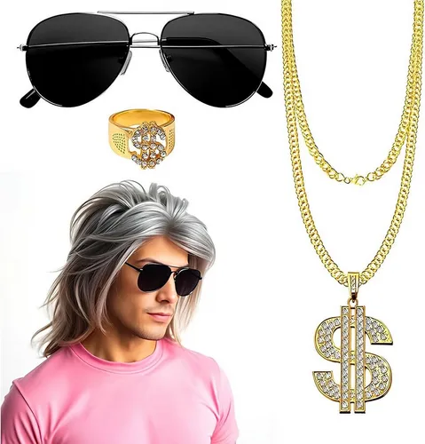 Kostümheld Kostüm 4 in 1 Vokuhila Set - mit Ring, Perücke, Goldkette und Brille, ideal für Fasching und unisex Spaß