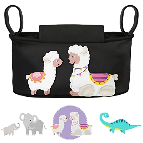 GLÜCKSWOLKE Kinderwagen Organizer - 12 Motive I Kinderwagentasche verschließbar I Kinder Buggy Tasche mit Feuchttuchspender I Baby Stroller Bag I Aufbewahrungstasche (Anni Alpaka I schwarz)