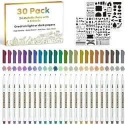 Lineon Metallic Marker Set 30-tlg. - Bunte Metallstifte für kreative Projekte - Marker Set mit 30 Teilen - 24 bunte Metallstifte mit feinen Spitzen, ideal für das Dekorieren von verschiedenen Oberflächen und inklusive 6 inspirierenden DIY-Vorlagen.
