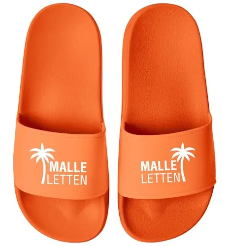 MoonWorks® Badeschlappen Herren Malle-Letten Outfit Accessoires Urlaub Badelatschen Lustig mit Spruch Unisex Badeschuhe Orange-orange 44