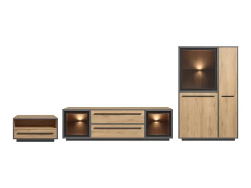 moebel-dich-auf Wohnwand Nardo in Wildeiche mit LED-Beleuchtung - Moderne Wohnwand in Wildeiche-Nachbildung, vielseitig kombinierbar. Mit Softclose-Funktion für leises Schließen der Türen. Edle Details und integrierte LED-Beleuchtung schaffen eine einladende Atmosphäre.