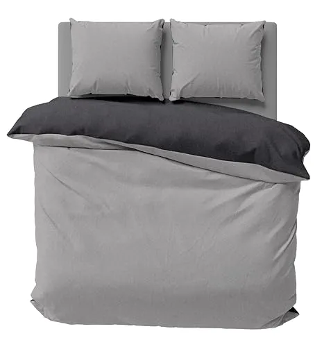one-home Winter Bettwäsche Doubleface Uni Wende kuschelig flauschig warm weich Fleece, Größe:3 teilig 200x220 cm, Farbe:grau/anthrazit