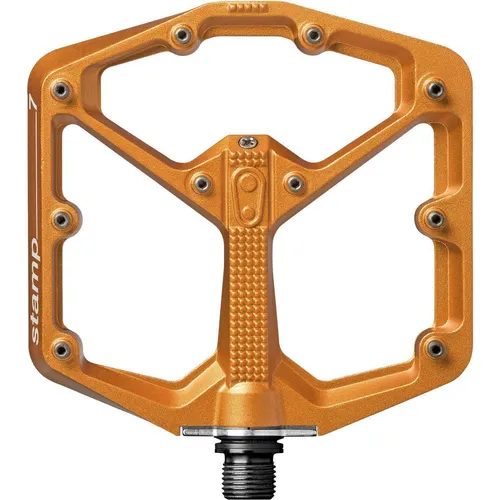 STEMPEL 7 breite orangefarbene Pedale - Fahrradpedale in Profiqualität mit konkaver Plattform für optimalen Halt. 10 verstellbare Stifte pro Seite und langlebige Igus LL-Gleitlager sorgen für beste Performance unter allen Bedingungen.