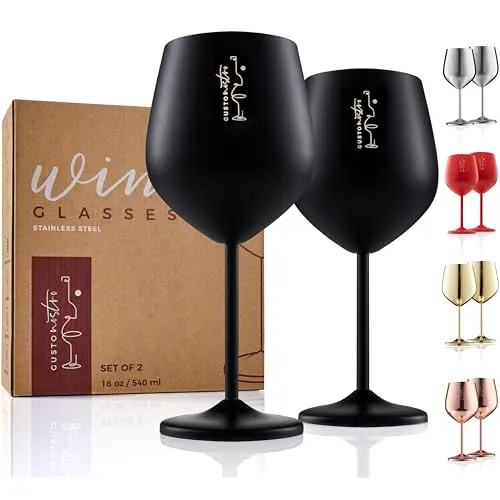 Weingläser mit Stiel aus Edelstahl - Unzerbrechliche Kelche mit 540 ml Fassungsvermögen für Poolpartys im Freien, Jubiläen - Elegantes Trinkgeschirr in Schwarz für Champagner und Cocktails (2er Pack)