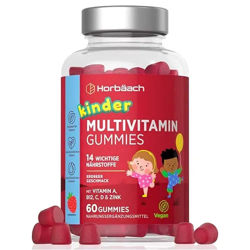 Horbaach Multivitamin Gummibärchen für Kinder - Multivitaminpräparate & Mineralien mit 14 wichtigen Nährstoffen, unterstützt das Immunsystem und das Wachstum, vegan und glutenfrei, leckerer Erdbeergeschmack.