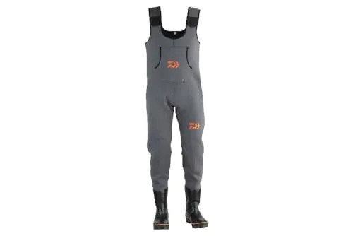 Daiwa D-VEC Neoprene Wathose, 4mm Neopren, Verstärkter Kniebereich, Brusttasche, Robuster Stiefel mit Steel Shank, Grau, für Angler (Gr. 38/39)