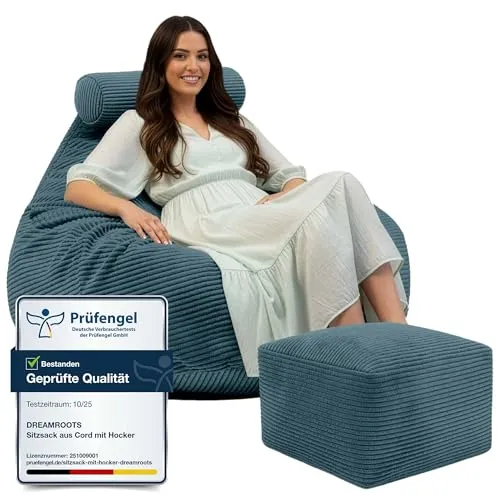 Dreamroots Sitzsack Dunkelblau XXL - Robuster und bequemer Sitzsack aus Cordstoff, ideal für Wohnzimmer und Garten. Mit praktischem Griff und waschbarem Bezug für einfachen Transport und Pflege.