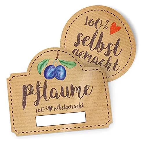 itenga Marmeladen Etikett Pflaume Aufkleber 100% selbstgemacht Sticker braun selbstklebend für Marmelade Einmachgläser Geschenke - hochwertiges Papier - 10 Aufkleber rund und 10 Aufkleber rechteckig