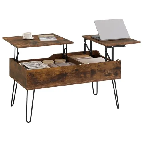 WOLTU Couchtisch höhenverstellbar, Beistelltisch mit doppelter Hebeplatten, Lift-Top-Tisch, Wohnzimmertisch, versteckter Stauraum,Rustikales Braun, Holzwerkstoff Metall,BTS14vbn