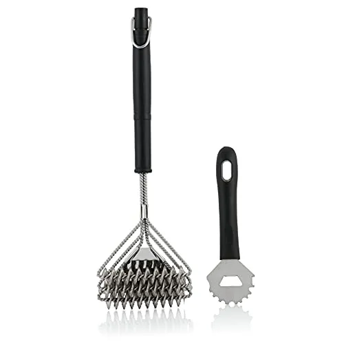 BBQ-Toro 2-teiliges ergonomisches Grillbürsten-Set | 3-Fach Bürstenkopf mit Schaber | Stahl Grillbesteck | Grillbürste, Grillzubehör, Reinigungsbürste, Schaber, Grillrostbürste, Flaschenöffner