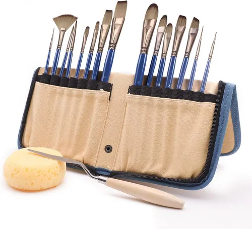Artecho Pinselset 15 Stk. mit Malmesser & Schwamm - Hochwertiges Pinselset für Acryl-, Aquarell-, Öl- und Gouachemalerei. Inklusive 15 Pinsel, Malspachtel und Schwamm – ideal für kreative Projekte auf verschiedenen Materialien.
