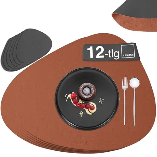 SÄNGER | Untersetzer & Platzsets abwaschbar aus Kunstleder 12 teilig, Platzdeckchen Tischuntersetzer für 6 Personen-rutschfest doppelseitig wasserdicht-Tischset Untersetzer Anthrazit Braun 44 * 37cm