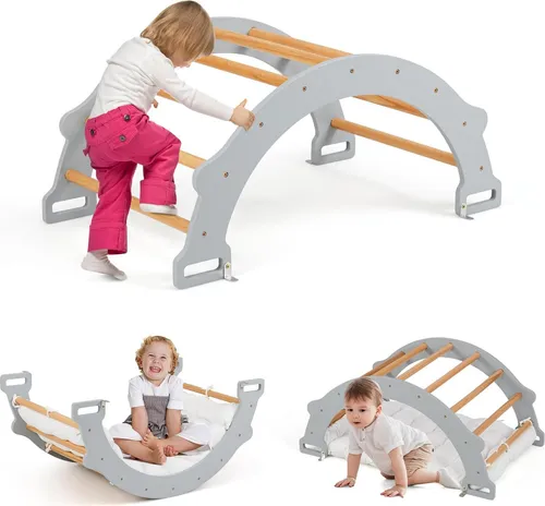 GOPLUS Kinder Kletterbogen mit Kissen – 2-in-1 Kletterleiter & Wippe aus Holz (Grau) - Vielseitiger Kletterbogen aus hochwertigem Buchenholz, ideal für Kinder ab 3 Jahren. Mit dickem Kissen für Komfort und Sicherheit. Fördert spielerisch Koordination und Kreativität. Einfach zu montieren!