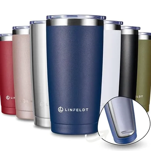 LINFELDT Thermobecher 590ml aus Edelstahl - 1H Heiß & Kalt - Doppelwand Vakuum 17x10 cm Thermo Becher mit Kunststoffdeckel - Gummidichtung (Navy Blue)
