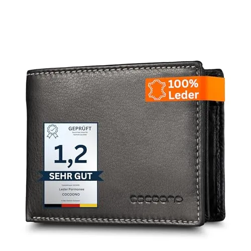 Cocoono Herren Geldbörse mit RFID Schutz aus Echtleder – Schwarz mit Weißer Naht