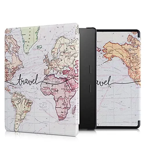 kwmobile Schutzhülle für Amazon Kindle Oasis 10. Generation Hülle - eReader Flip Case mit Auto Sleep Funktion - Travel Schriftzug mit Schwarz Mehrfarbig