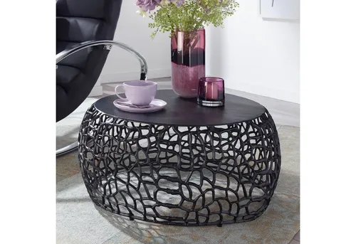 FINEBUY Couchtisch FB41461 - Moderner Rundtisch in Schwarz - Couchtisch (66x66x30 cm) mit stilvoller Ast-Struktur aus Aluminium, ideal für modernes Wohnen und hohe Funktionalität.