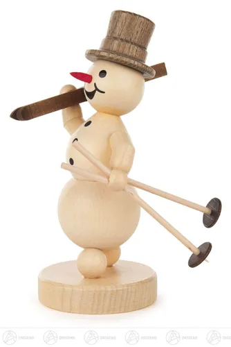 Schneemann mit Ski auf Schulter - Erzgebirge Miniatur - Traditionelle Winterfigur aus Holz, perfekt für die winterliche Dekoration. Das lustige Motiv bringt Freude in jedes Zimmer und ist ideal für Wohnzimmer, Küche oder Schlafzimmer.