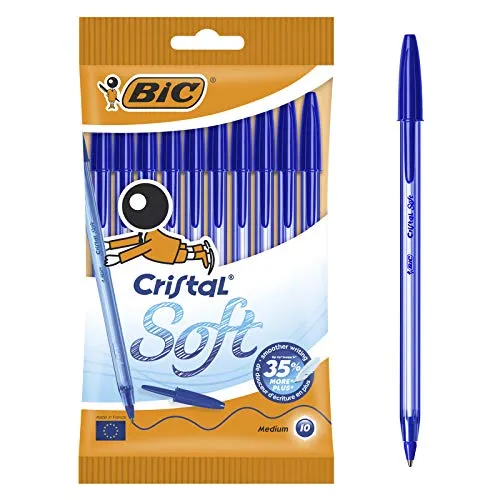 BIC Kugelschreiber Cristal Soft, weiche Kullis in Blau, Strichstärke 0,45 mm, 10er Pack, Ideal für das Büro, das Home Office oder die Schule