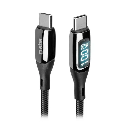 SBS TECABLETCCLED100WK USB Kabel 1 m USB C Schwarz - Handykabel mit integriertem LCD-Display zur Überwachung der Ladeleistung, ultraschnelles Aufladen für Smartphones, Tablets und Laptops, 480 Mbps Datenübertragung.