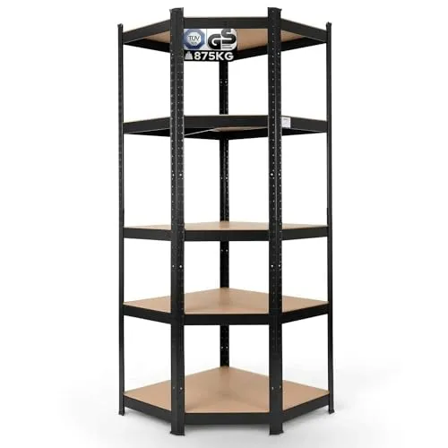 Arebos Eckregal 70x70x180 cm - Schwerlastregal mit 875kg Tragkraft - Eckregal für optimale Raumausnutzung, bietet 5 höhenverstellbare Böden mit 175 kg Tragkraft pro Boden. Ideal für Werkzeuge und Gartengeräte, einfach und schnell ohne Schrauben aufzubauen.