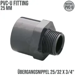 mm PVC Klebe Fitting Übergangsnippel Sechs-/Achtkant 25/32 mm x 3/4 Muffe Ve...