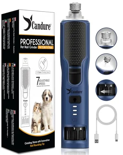 Candure Krallenschleifer für Hunde – Geräuscharmer, wiederaufladbarer Trimmer mit LED-Licht