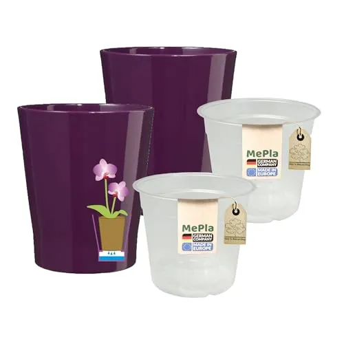 MePla - 2 Stück - SK Soendgen Orchideenübertopf Merina ø 14 Aubergine + Pflanztopf Orchidee ø 12, hochwertiges Wohnambiente