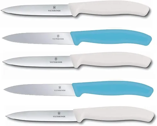 Victorinox Gemüsemesser Tomatenmesser Set 5er | Karibikblau Weiß - Küchenmesser Set mit 5 Teilen, spülmaschinenfest und ideal für die Zubereitung von frischen Zutaten. Hergestellt in der Schweiz, mit ergonomischem Griff für optimale Handhabung.