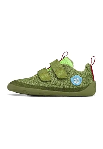 Affenzahn Barfußschuh Knit Happy Drache - Grün, Vegan & Rutschfest - Flexibler Barfußschuh mit Klettverschluss, ideal für Kinderfüße. Das leichte Knit Material sorgt für ein angenehmes Laufgefühl und viel Platz für die Zehen. Buntes Design mit reflektierenden Details – perfekt für aktive Abenteuer!