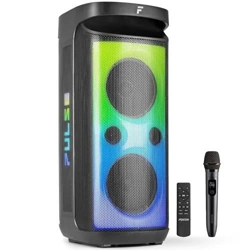 Fenton Pulse160 Musikbox Bluetooth Groß 320W, Wasserfest, Akku 12H, UHF Mikrofon, BT 5.3, FM Radio, Fernbedienung, Partybox Bluetooth Box Groß, Stereo-Pairing, Tragbare Musik Box, Boom Box - Schwarz