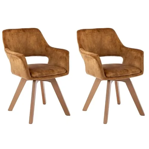 Casa Vital Moderner Esszimmerstuhl mit Armlehnen Amali, 2er-Set, Küchenstuhl, gepolstert, 360° drehbare Platte, Beine aus massivem Buchenholz, 120 kg max. Belastung (Curry)